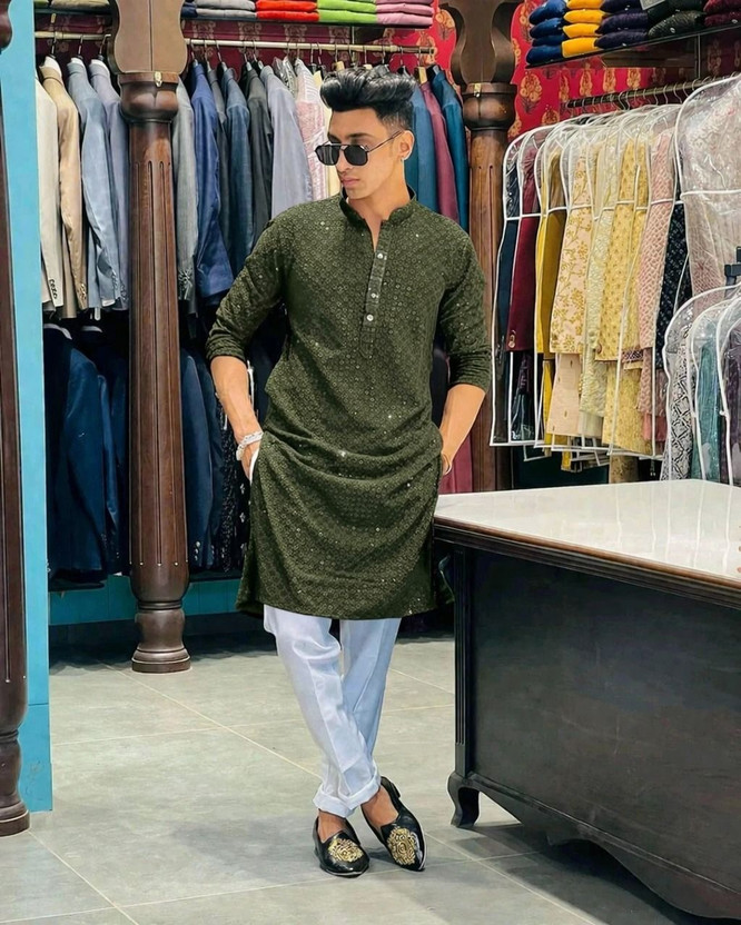 KURTAFORMEN Men Chikan Embroidery Straight Kurta(Dark Green)