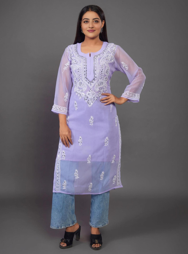 ElegantFashion Women Chikan Embroidery A-line Kurta(Purple)