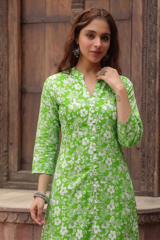 AEESHA COLLECTION Women Printed, Floral Print Frontslit Kurta(Green, White)