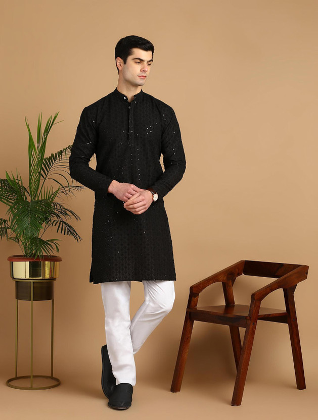 FUBAR Men Chikan Embroidery Straight Kurta(Black)