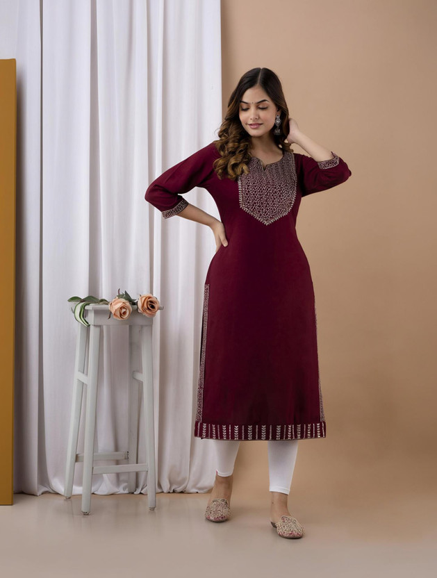 his&her Women Embroidered Straight Kurta(Maroon)