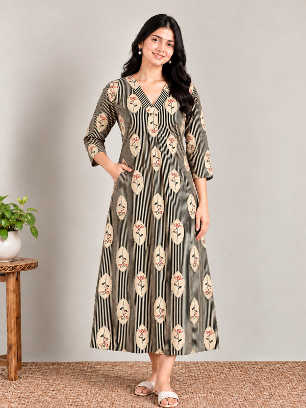 Dream Dream Global Women Striped, Floral Print A-line Kurta(Beige, Green) - Flipkart Deal