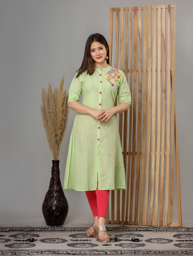 Heart Loom Women Embroidered A-line Kurta(Green)