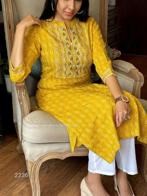 fabrictextile Women Printed Straight Kurta(Yellow)