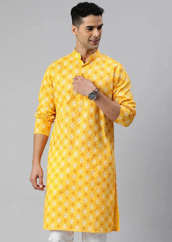 DARKCHILL Men Printed A-line Kurta(Yellow)