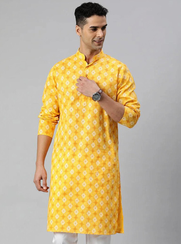 DARKCHILL Men Printed A-line Kurta(Yellow)