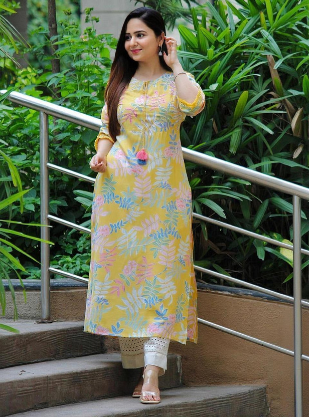 Sa Rasa Women Floral Print Straight Kurta(Yellow)