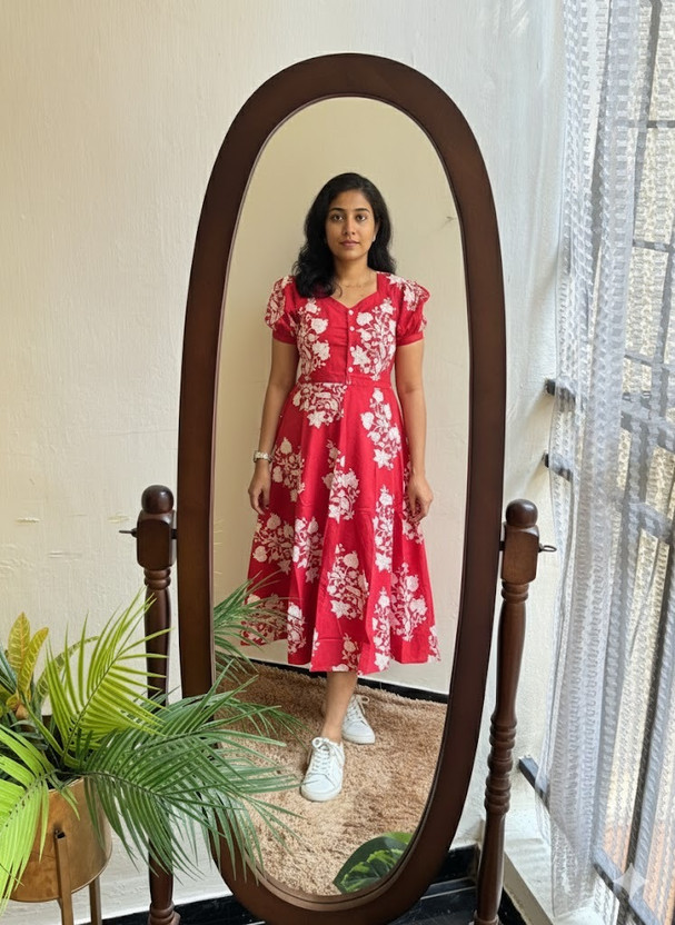 KR KR GLOBAL ENTERPRISES Women Fit and Flare Red Midi/Calf Length Dress - Flipkart Deal