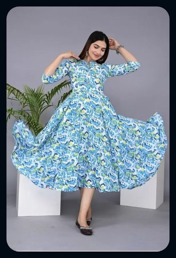Rachuri Women Printed Gown Kurta(Blue)