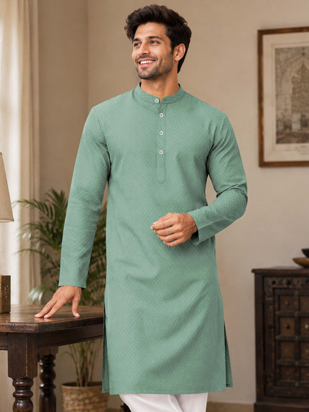 VeBNoR Men Self Design Straight Kurta(Light Green)