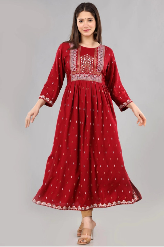 mobility Women Embroidered Flared Kurta(Maroon)