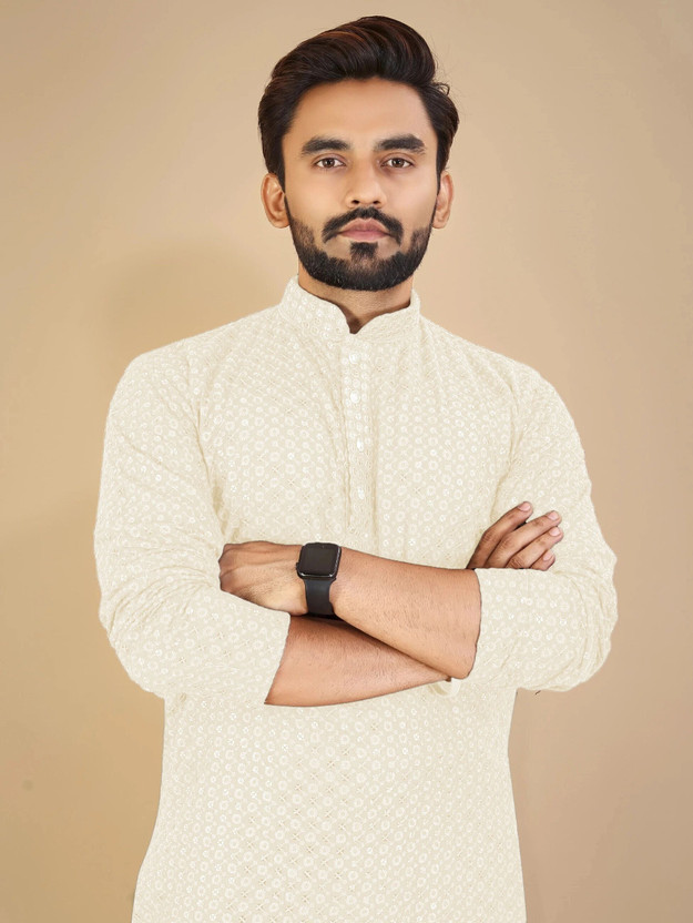 MENSKURTA Men Embellished Straight Kurta(White)
