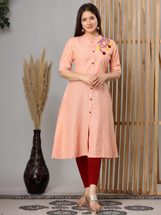 Heart Loom Women Embroidered A-line Kurta(Orange)
