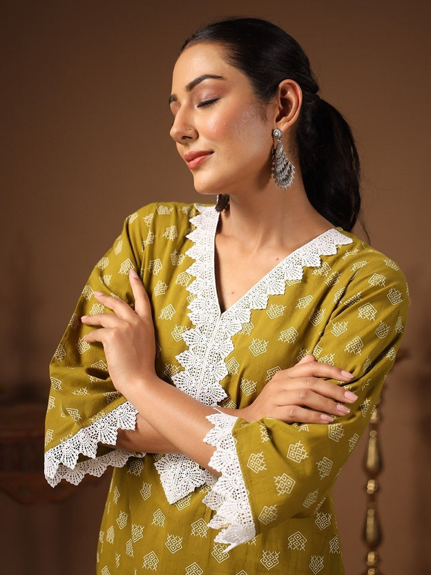 BKApparels Women Printed Straight Kurta(Green, White)