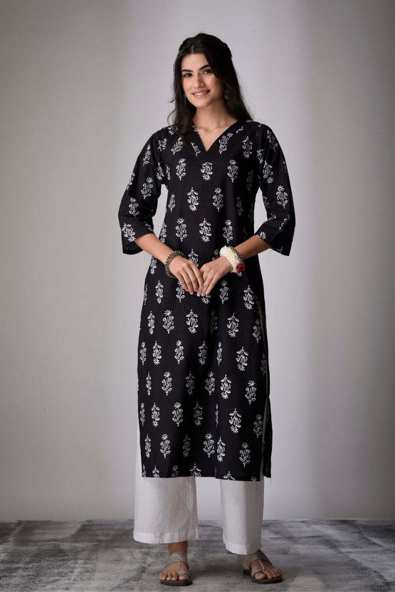 JAIPUR FASHION Women Printed Straight Kurta(Black)