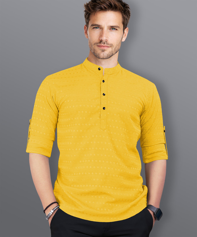 VeBNoR Men Self Design Straight Kurta(Yellow)