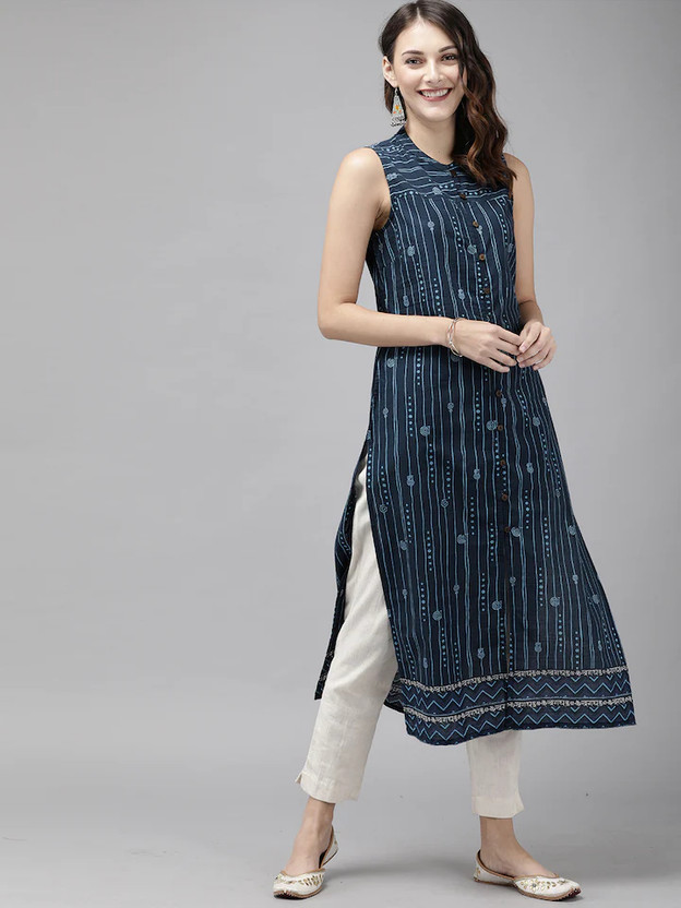 Lamba Creations Women Printed Straight Kurta(Blue)