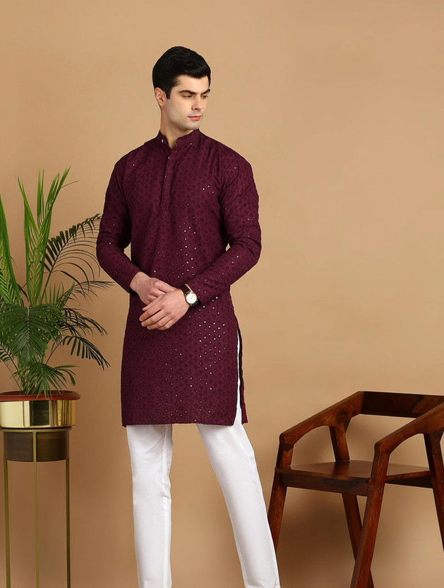 FUBAR Men Chikan Embroidery Straight Kurta(Purple)