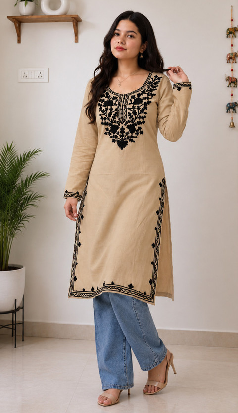 ETHNIQU ETHNIQU Women Embroidered Straight Kurta(Beige, Black) - Flipkart Deal