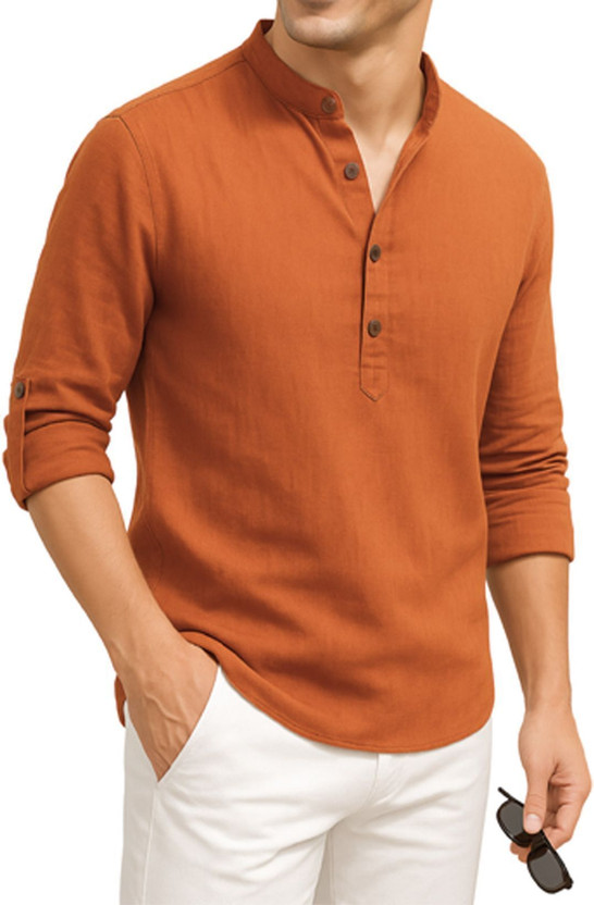 DENEEJA Men Self Design Straight Kurta(Orange)