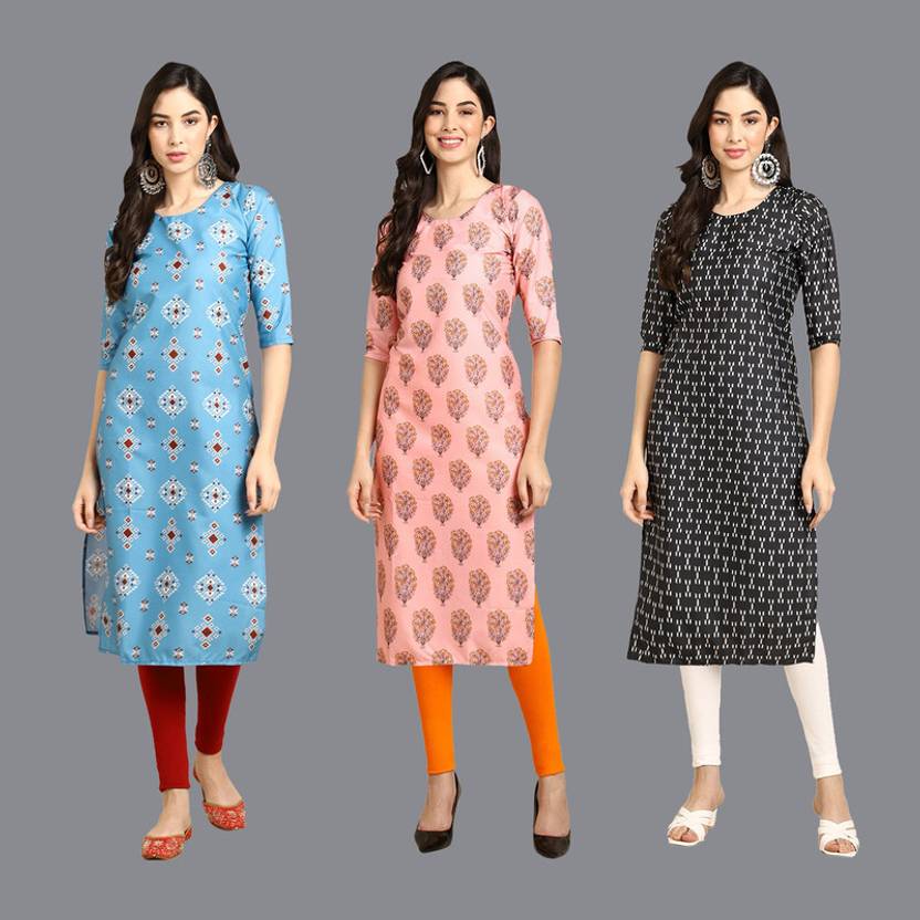 [Sizes ] EthnicBasket Pack of 3 Women Printed Crepe Straight Kurta  (Multicolor)