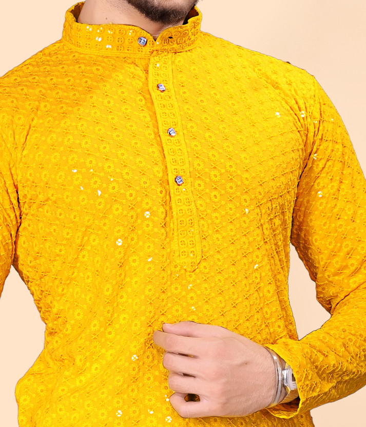 NTIFIC NTIFIC Men Embellished Straight Kurta(Yellow) - Flipkart Deal