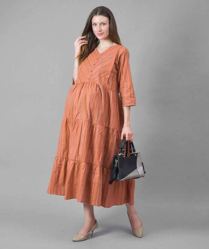 Negen Women Printed Flared Kurta(Orange)