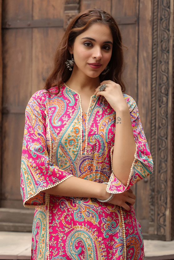 Tabeedah Women Self Design Pakistani Kurta(Pink)