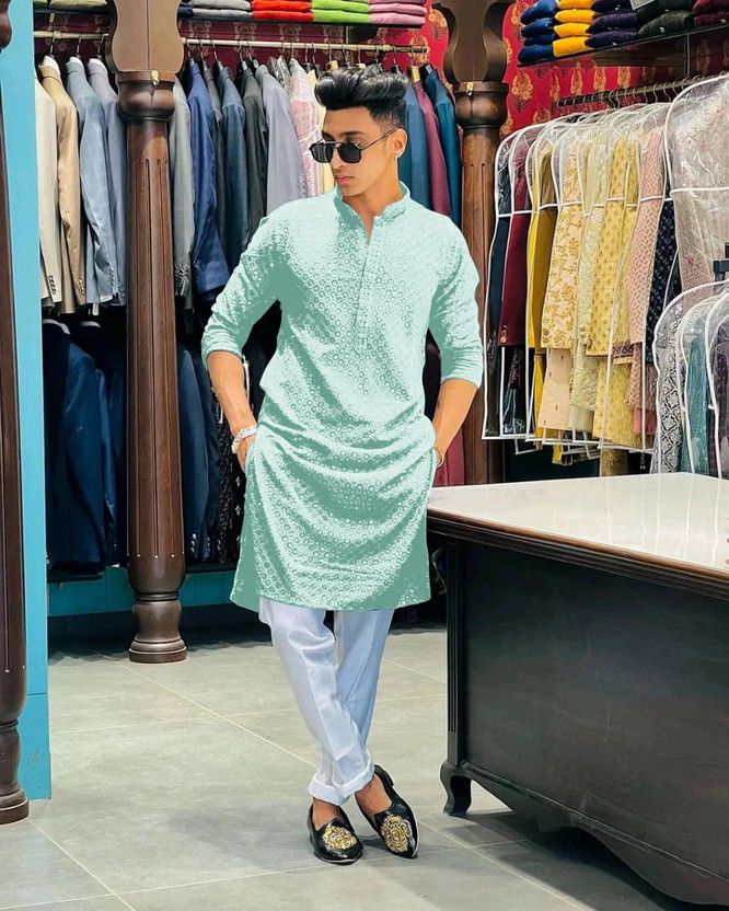 romj Men Chikan Embroidery Straight Kurta(Light Green)