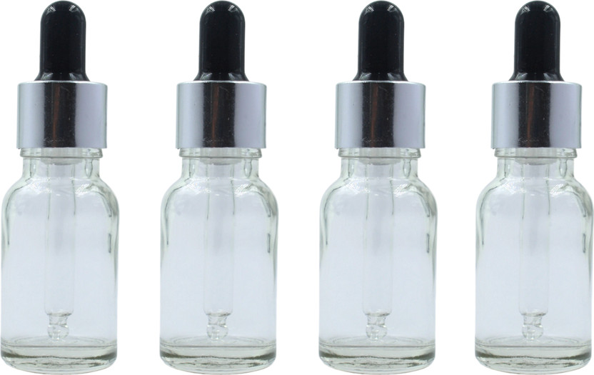 PHARCOS Transparent Glass Bottle with Euro Dropper for DIY Beauty Care with Silver Ring, Black Silicone Teat and Plug, Leak Proof, Reusable, Refillable. 15ML - Pack of 4 Laboratory Dropper Bottle(Glass 15 ml Pack of4)