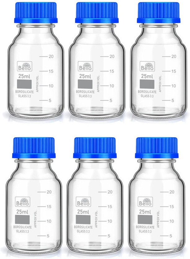 Bello Borosilicate Glass reagent bottle 25ml with leak proof Blue Screw Cap pack of 6 Laboratory Dropper Bottle(Borosilicate Glass 25 ml Pack of6)