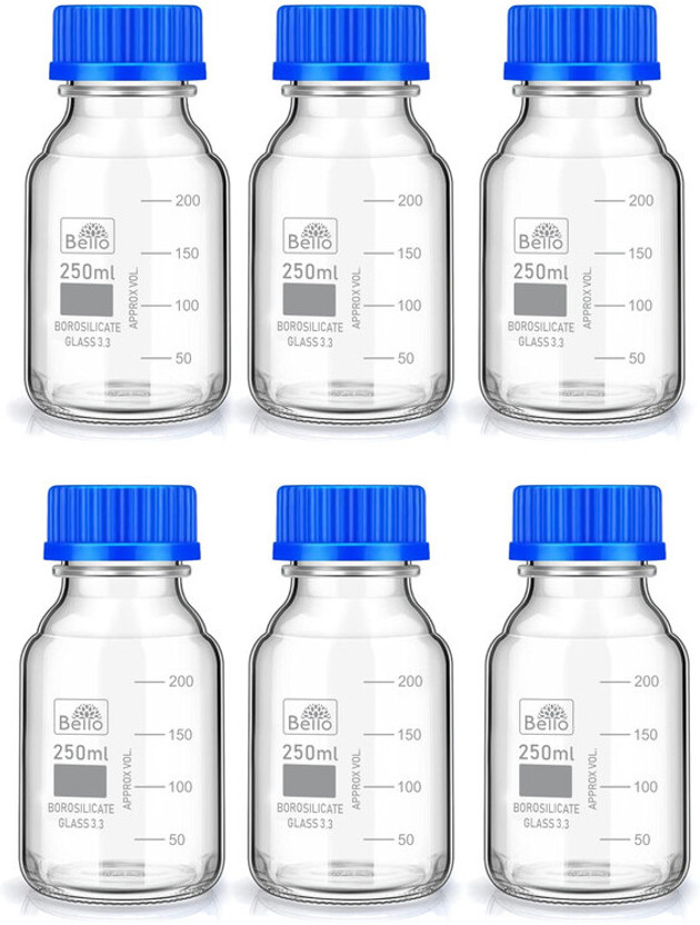Bello Borosilicate Glass reagent bottle 250ml with leak proof Blue Screw Cap pack of 6 Laboratory Dropper Bottle(Borosilicate Glass 250 ml Pack of6)