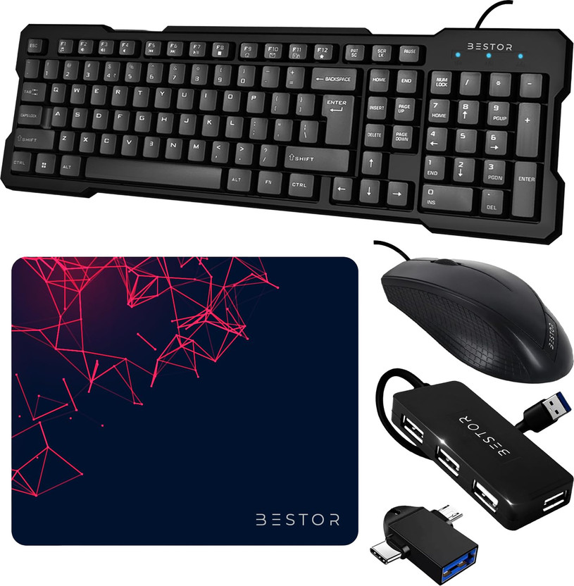 Bestor Set of 5 Combo,USB Wired Keyboard,Wire Mouse,Mouse Pad, Otg Adapter,4port HUB Combo Set(Black)