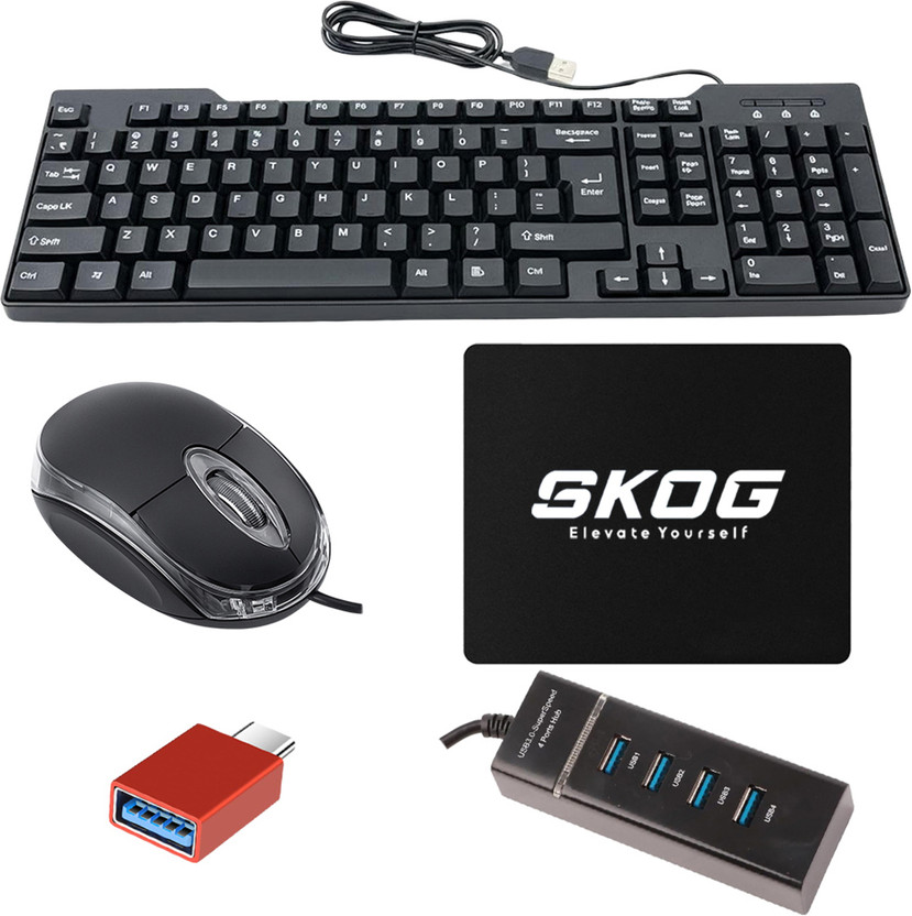 SKOG Wired Keyboard and Mouse Combo with USB Hub, C-Type OTG Cable, Mouse Pad Combo Set(Multicolor)