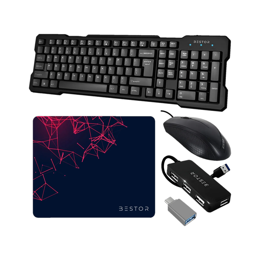 Bestor Set of 5 Combo,USB Wired Keyboard,Wire Mouse,Mouse Pad,typeC converter,4port HUB Combo Set(Black)