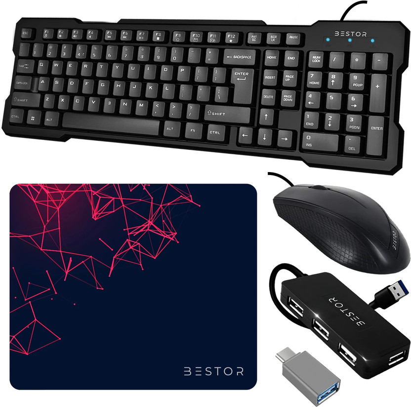 Bestor Set of 5 Combo,USB Wired Keyboard,Wire Mouse,Mouse Pad,typeC converter,4port HUB Combo Set(Black)