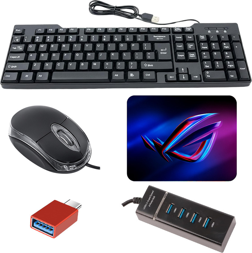 SKOG Wired Keyboard and Mouse Combo with USB Hub, C-Type OTG Cable, Mouse Pad Combo Set(Multicolor)