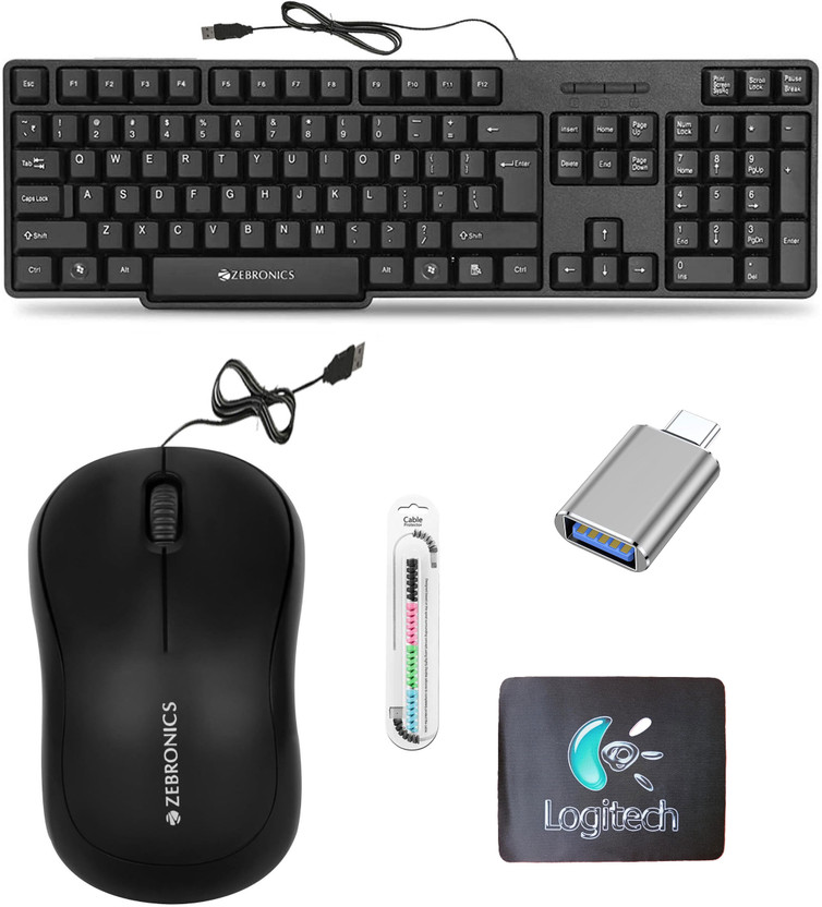 ZEBRONICS Wired Keyboard, Mouse, MousePad, C-OTG, Cable Protector (Set of 5) Combo Set(Black)