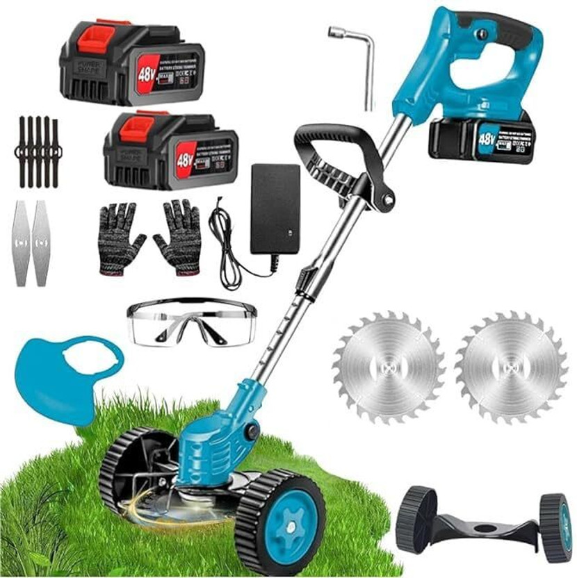 Zinsy Grass Cutter Stringless Weed Eater,2 Types Blades (48v*2) Batteries Cordles Electric Grass Cutter Machine for Garden, Lawn Mower & Weed Trimmer Battery & AC Adapter Push Lawn Mower(1.7 inch)