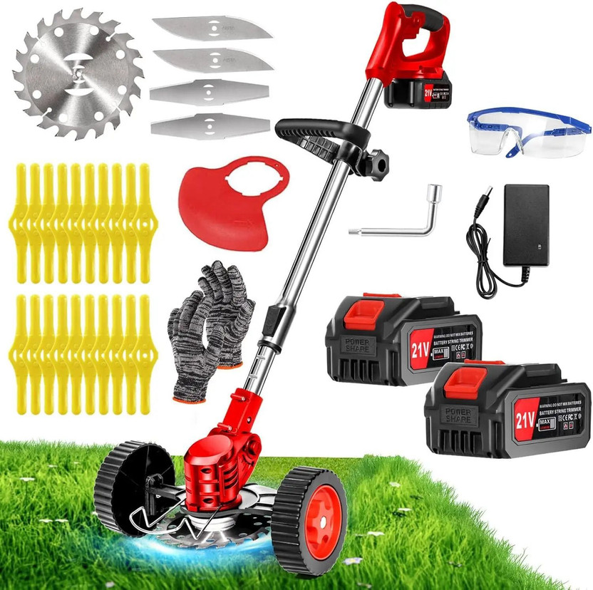 MOOZICO 3 in 1 Cordless Grass Trimmer & Brush Cutter with 2 PCS Battery and 8 Types Sharp Blades Telescopic Electric Lawn Mower Eater Cutting Machine Battery Push Lawn Mower(15 inch)