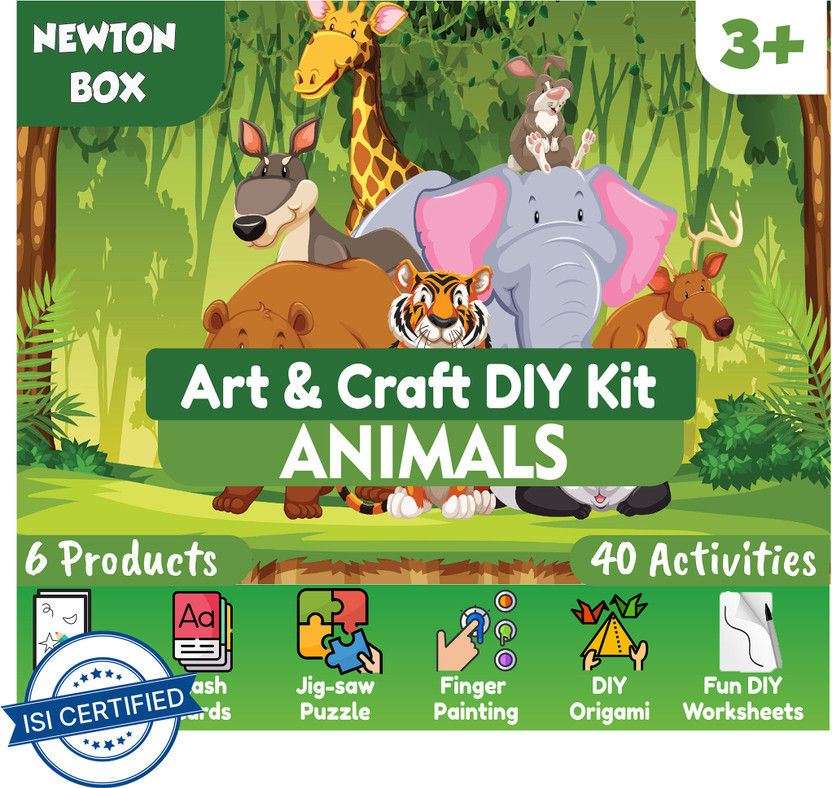 Little Olive Newton Box 6 in 1 Art and Craft DIY Kit | Animals Theme | 3 Years and above(Grey)