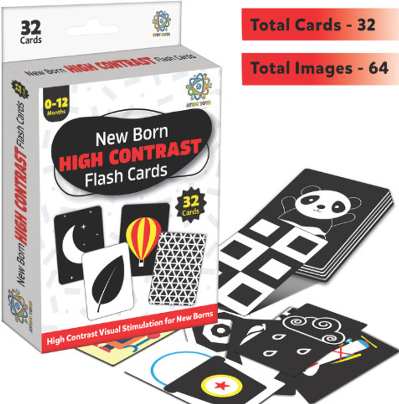 ATOM TOYS Black & White Flash Cards for New Born Baby 0-18 Months - 32 High Contrast Cards(Multicolor)