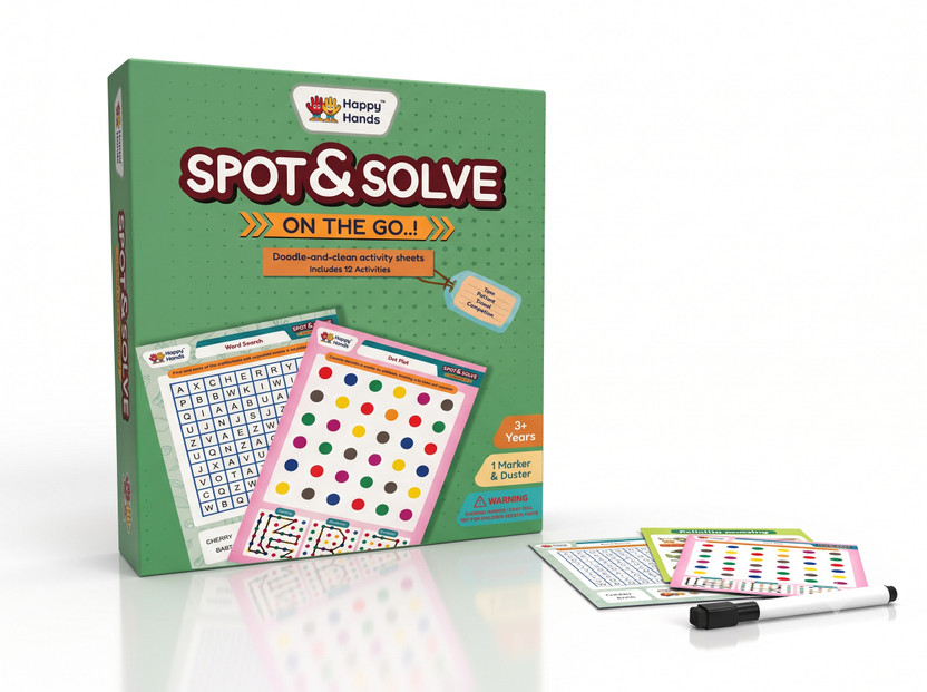 HAPPY HAPPY HANDS Spot & Solve Travel Kit – 12 Reusable Sheets with Marker for Kids 4+(Multicolor) - Flipkart Deal