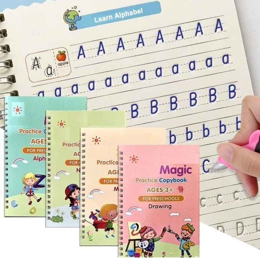 Mira Farmcraft Sank Magic Practice Copybook 4 BOOK +10 REFILL+ 1 Pen +1 Grip Magic Calligraphy(Multicolor)