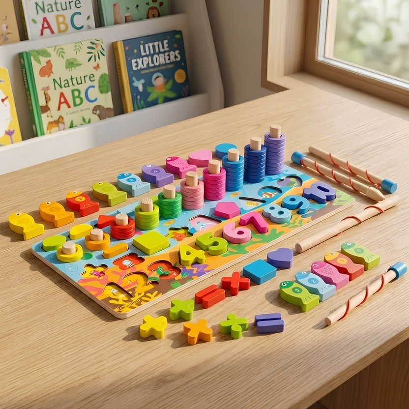 Kids Kids Mandi 4 in 1 Wooden Montessori Board | Counting, Shapes, Fishing & Stacking Toy Kids(Multicolor) - Flipkart Deal