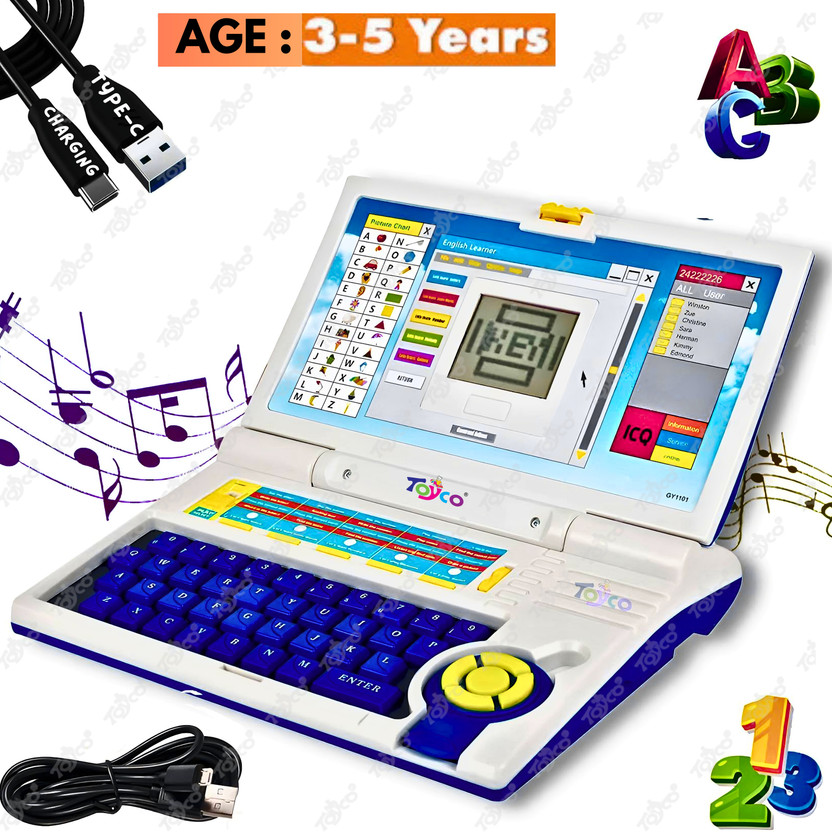 Toyco 20 Learning Activities Kids Educational Laptop Toy, Letter Games Maths Memory(Blue)