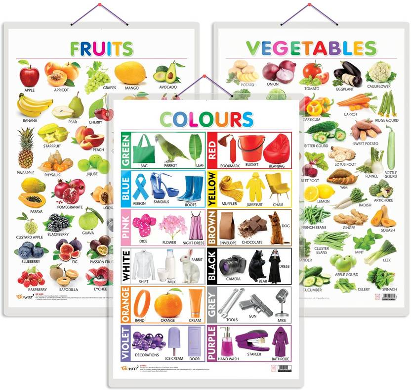 GO WOO Pack of 3 Fruits, Vegetables and Colours Educational charts