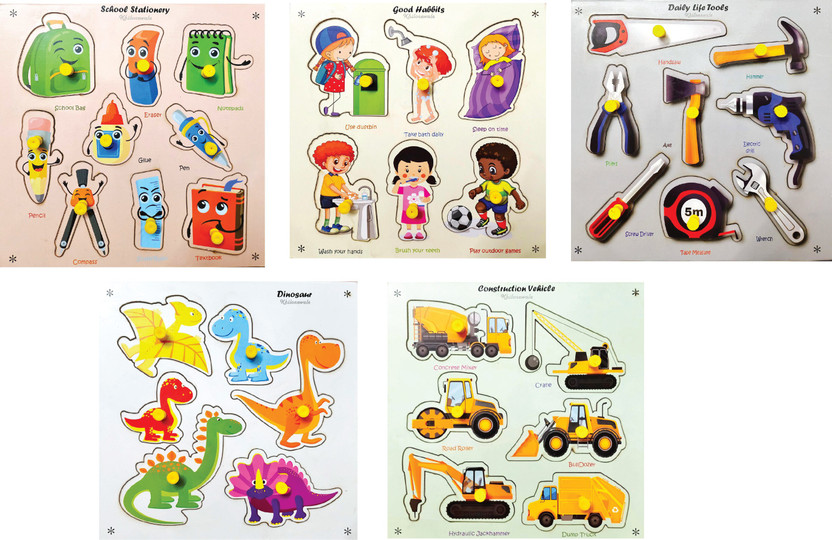 Khilonewale Transport, Good Habits, Tools, Construction Vehicles, Dinosaurs Wooden Puzzle(Multicolor)