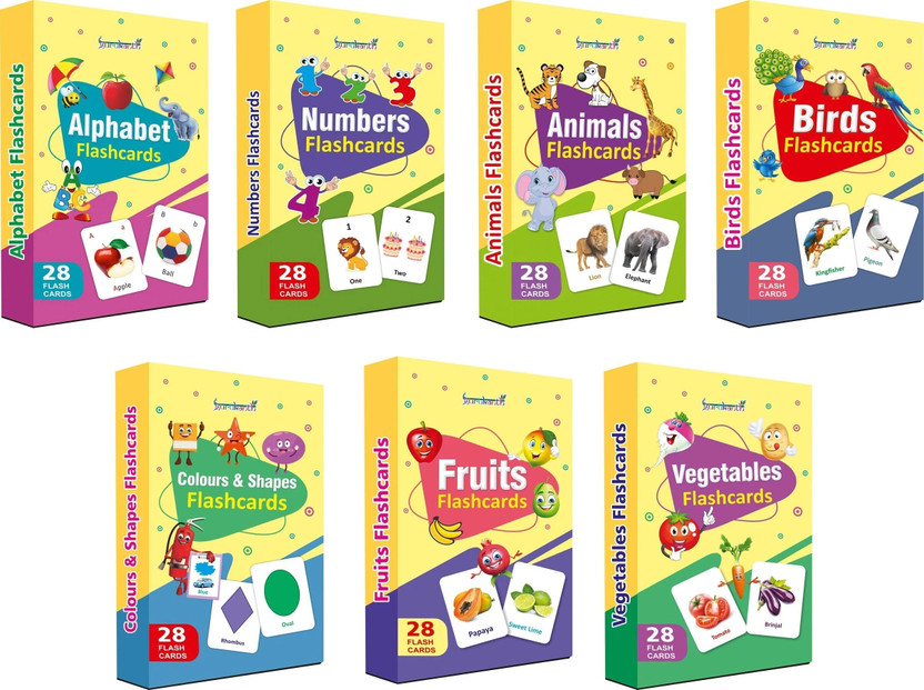 gurukanth Alphabets Flash cards, Numbers Flash cards, Animals Flash cards, Birds Flash cards, Colors and Shapes Flash cards, Fruits Flash cards, Vegetables Flash Cards (Flash Cards Combo Pack) Easy & Fun way of Learning-2yr-8yr Kids ( Flashcard Set of 7 boxes - 196 Flash cards )(Multicolor)
