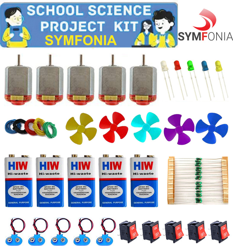 SYMFONIA School Science Project DC Motor kit(5PCS MOTOR+5PCS BATTERY+5PCS FAN+5PCS SWITCH+5PCS CLIP+5PCS WIRE+10PCS REGISTER+20PCS LED)60 Item Loose in one Pack(Multicolor)
